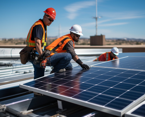 Experts in the middle of the solar panel installation process.