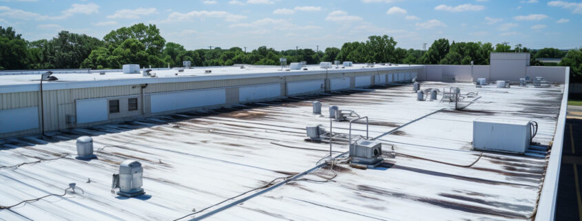 A commercial roof with drops in its roofing material that requires sagging roof repair.