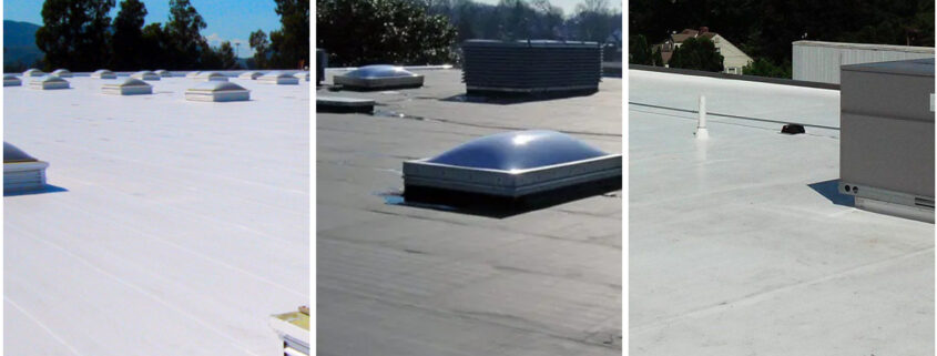 A split image of the different kinds of single-ply roofing membranes such as TPO, EPDM, and PVC.