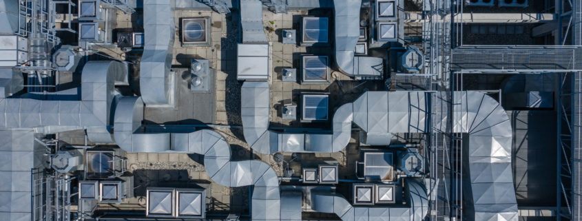 Aerial of rooftop commercial HVAC system.