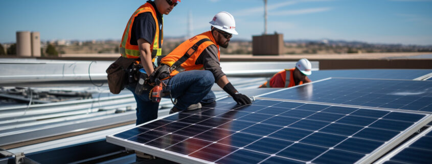 Experts in the middle of the solar panel installation process.