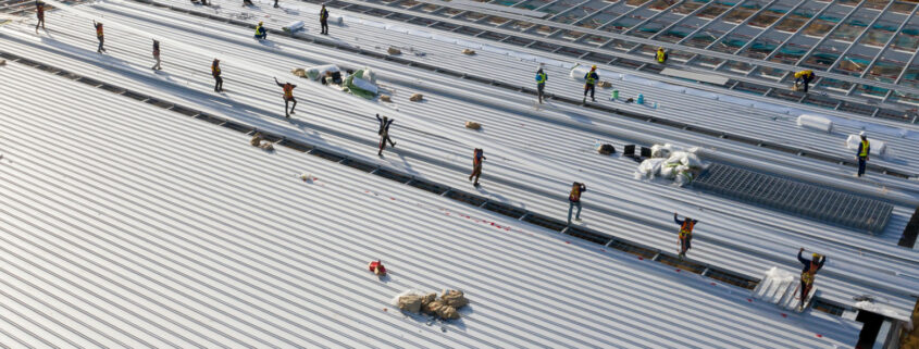 Professional roofing contractors installing a commercial metal roof.