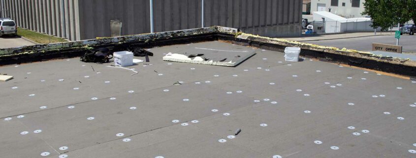 Roofers installing commercial roof insulation.