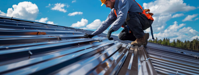 Roofing contractors performing metal roof restoration.