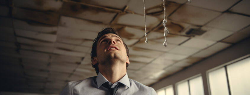 A man looking at a ceiling with water spots from a serious roof leak.