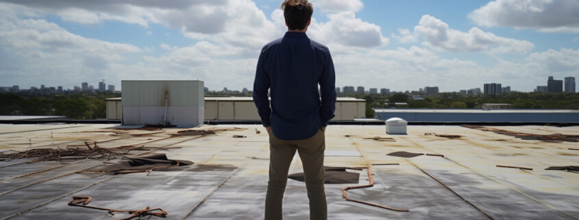 A man looks over a roof in need of emergency commercial roof repair.